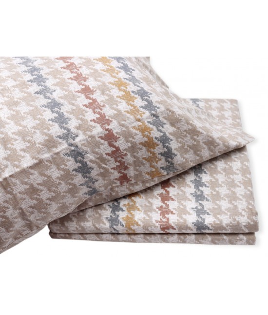 Completo lenzuola in 100% cotone di flanella stampato fantasia riga zig zag colore naturale: checks