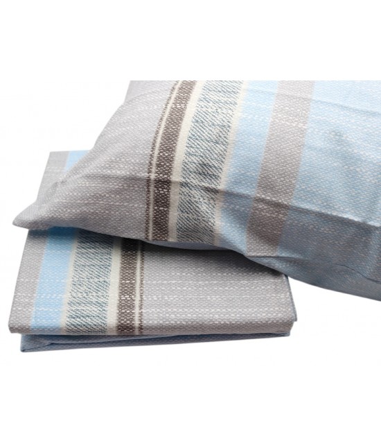 Completo lenzuola in 100% cotone di flanella stampato fantasia righe colore azzurro: blanc