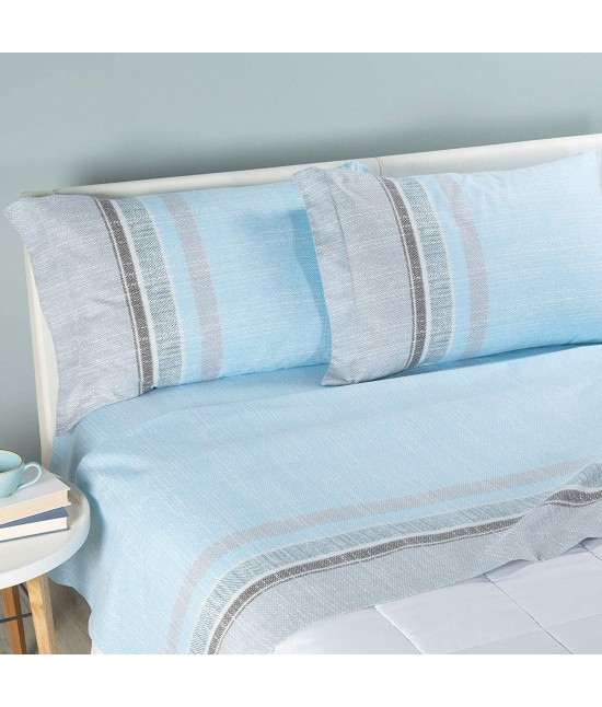 Completo lenzuola in 100% cotone di flanella stampato fantasia righe colore azzurro: blanc : Colore prodotto - Azzurro, Misura - 1 posto, Tessuto - Cotone