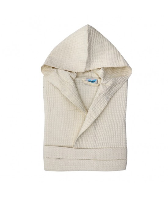 Accappatoio nido d'ape di puro cotone con cappuccio tinta unita: polo. : Colore prodotto - Beige, Misura - Accappatoio adulto, Taglia - Xl, Tessuto - Cotone