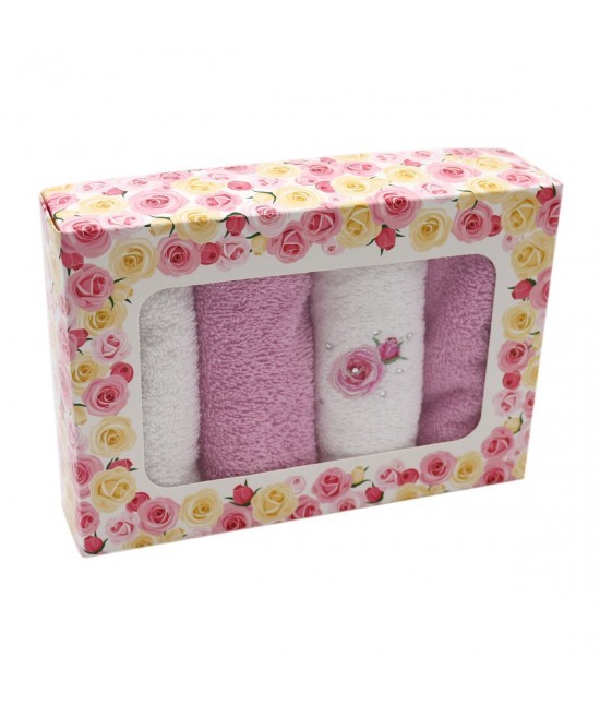 Caleffi - Lavette confezione 4 in spugna con ricamo rosa.