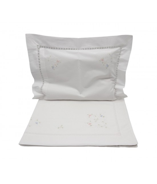 Completo lenzuola per culla porta enfant ricamato motivo floreale e gigliuccio: px808