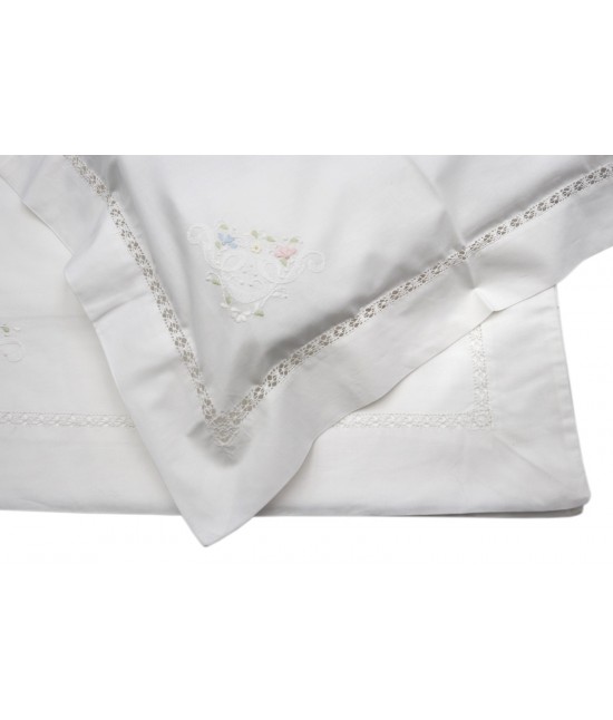Completo lenzuola per culla porta enfant ricamato motivo floreale e gigliuccio: px808