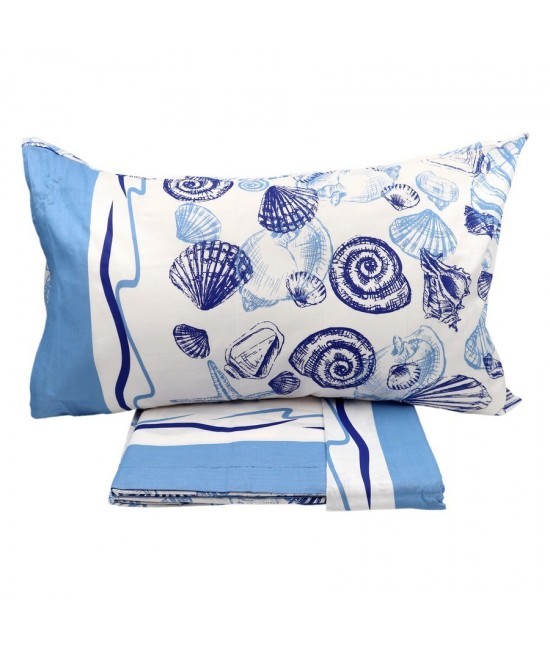 HERMET - Completo letto matrimoniale due posti maxi con stampa di elementi marini blu: bali a784