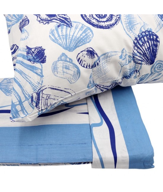 Completo letto matrimoniale due posti maxi con stampa di elementi marini blu: bali a784