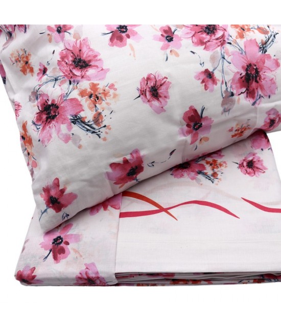 Completo letto matrimoniale due posti maxi con stampa fantasia floreale acquerellata rosa: adel a775 : Colore prodotto - Rosa, Misura - Matrimoniale, Tessuto - Cotone