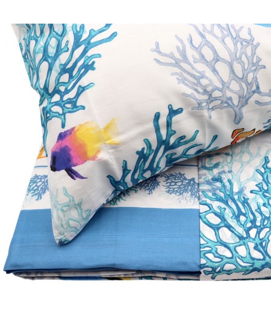 Completo letto matrimoniale due posti maxi con stampa marina acquerellata azzurro: malibu a924 : Colore prodotto - Azzurro, Misura - Matrimoniale, Tessuto - Cotone