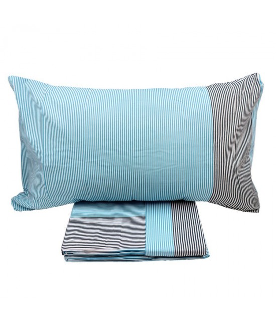 Completo letto matrimoniale due posti maxi con stampa geometrica micro righe bicolor blu: rows a989 : Colore prodotto - Azzurro, Misura - Matrimoniale, Tessuto - Cotone