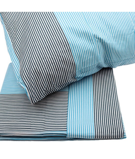 Completo letto matrimoniale due posti maxi con stampa geometrica micro righe bicolor blu: rows a989 : Colore prodotto - Azzurro, Misura - Matrimoniale, Tessuto - Cotone