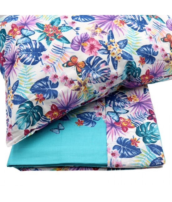 Completo letto matrimoniale due posti maxi con stampa tropicale multicolor e fascia turchese: tropic b003 : Colore prodotto - Turchese, Misura - Matrimoniale, Tessuto - Cotone