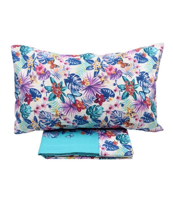 Completo letto matrimoniale due posti maxi con stampa tropicale multicolor e fascia turchese: tropic b003 : Colore prodotto - Turchese, Misura - Matrimoniale, Tessuto - Cotone