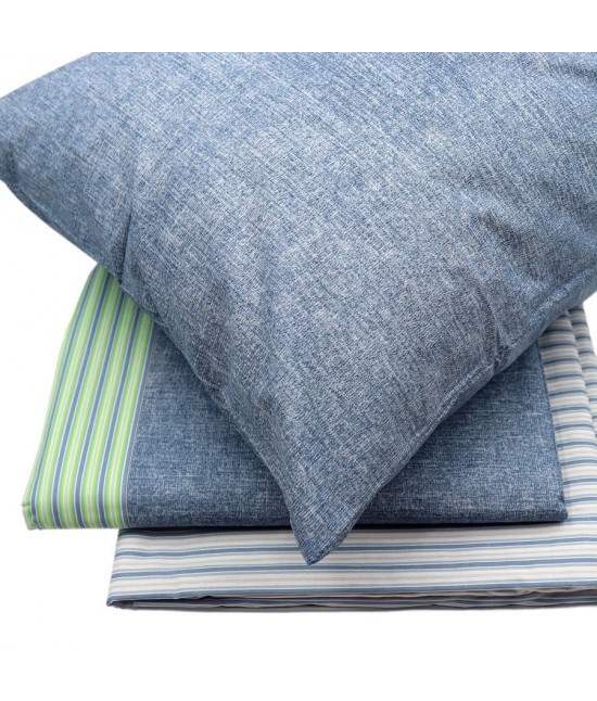 Completo letto matrimoniale due posti in puro cotone stampato effetto jeans denim: confident 200