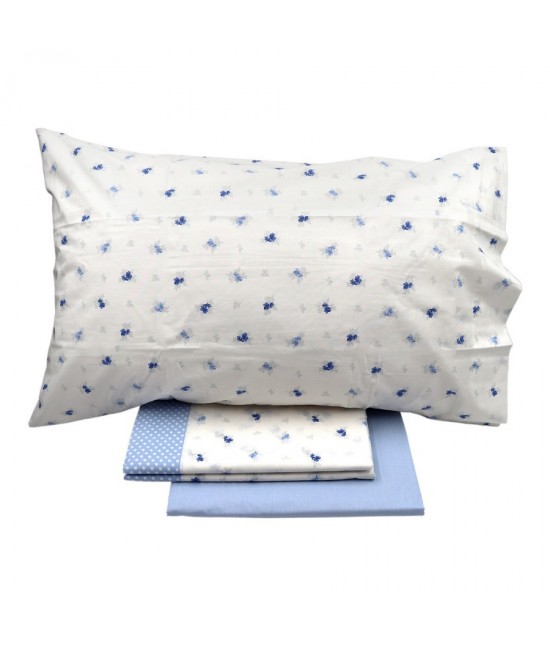 Completo letto matrimoniale due posti in puro cotone 58 fili stampa motivo floreale azzurro: provenza 216