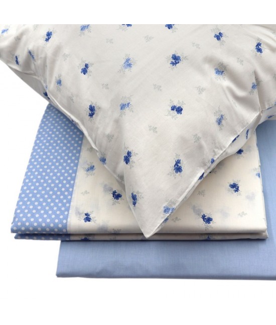 Completo letto matrimoniale due posti in puro cotone 58 fili stampa motivo floreale azzurro: provenza 216
