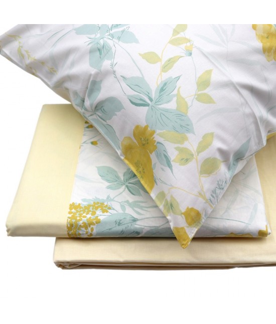 Completo letto matrimoniale due posti in puro cotone con stampa floreale giallo: sensitive 410 : Colore prodotto - Giallo, Misura - Matrimoniale