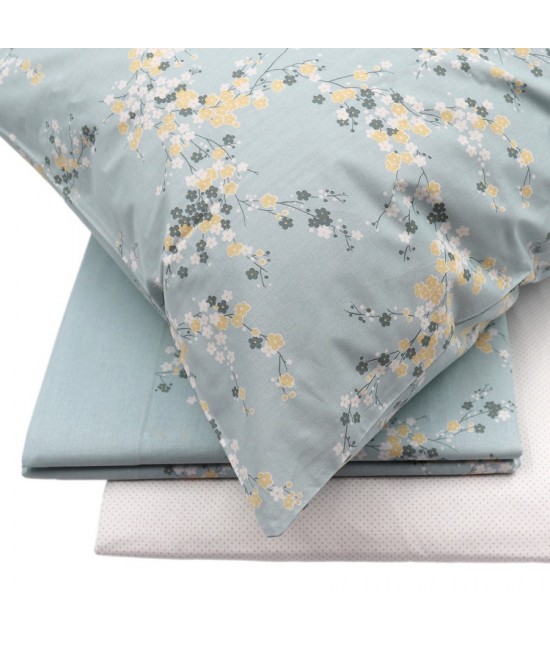 Completo letto matrimoniale due posti in puro cotone 58 fili stampa delicato motivo floreale acqua: nami 237